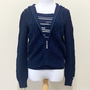 Vintage St John Sport Navy Blue Knit Zip Hooded Cardigan & Striped Tank Top Set